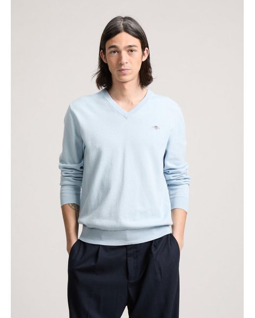 Pull col V en coton Gant pour homme en coloris Blue