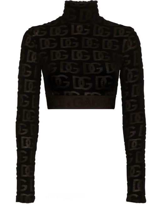 Dolce & Gabbana Black Logo Print Roll Neck Crop Top