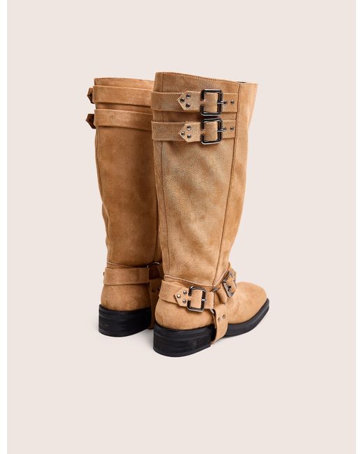 Public Desire Natural Rooftop Taupe Faux Suede Vintage Knee High Biker Boots