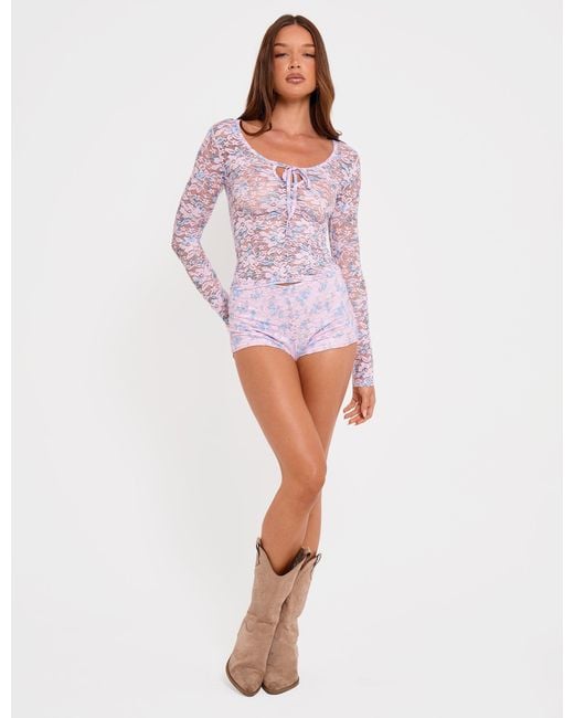 Public Desire Long Sleeve Sheer Printed Floral Lace Scoop Neck Top Pink