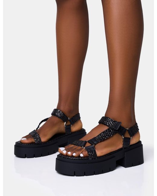 Public Desire Brown Hazard Black Raffia Chunky Dad Sandals