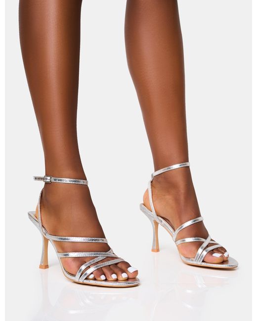Public Desire Brown Free Spirit Silver Strappy Round Toe Mid Heels