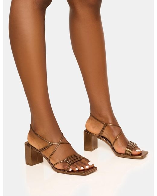 Public Desire Brown Taryn Wide Fit Bronze Knotted Upper Block Mid Heel Sandals