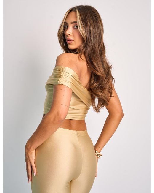 Public Desire Natural One Shoulder Fold Over Crop Top Co Ord Gold