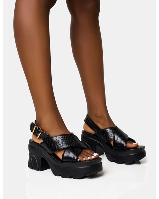 Public Desire Flare Black Cross Strap Chunky Mid Heel Sandals