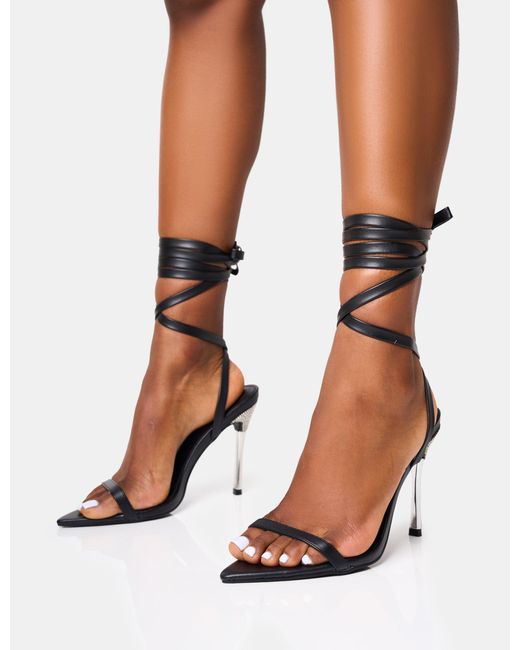 Public Desire Ultimate Black Lace Up Diamante Encrusted Pointed Toe Stiletto Heels