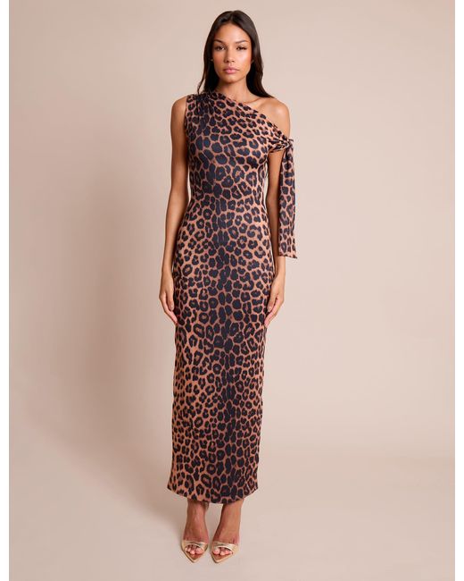 Public Desire Natural Knot Detail Asymmetric One Shoulder Luxe Slinky Maxi Dress Leopard
