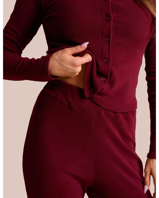 Public Desire Red High Waist Rib Wide Leg Trouser Burgundy