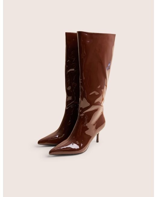 Public Desire Red Amped Chocolate Patent Pointed Toe Mid Heel Knee High Boots