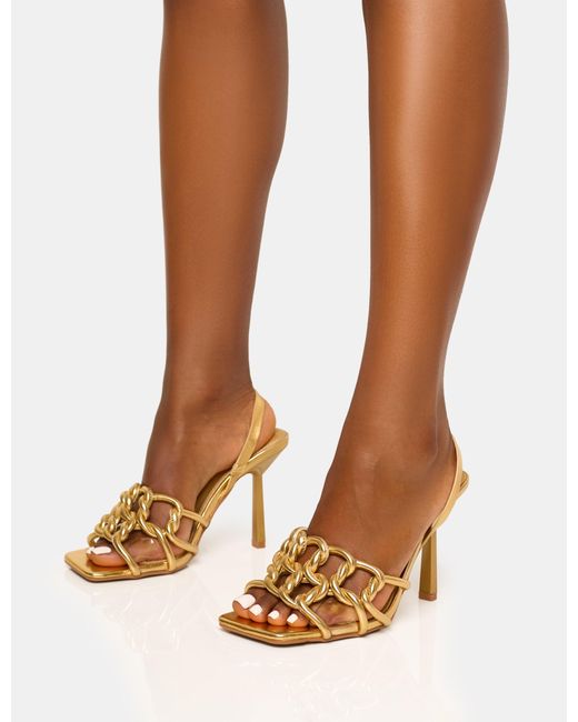 Public Desire Brown Rayne Gold Knotted Upper Slingback Square Toe Heels