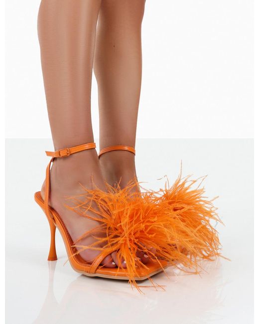 Public Desire Prancy Orange Pu Feather Square Toe Heels