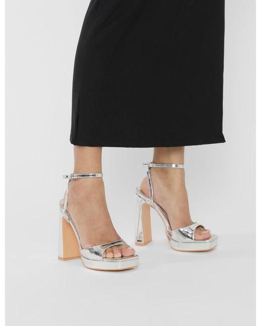 Public Desire Multicolor Resist Silver Mirror Peep Toe Barely There Platform Heels