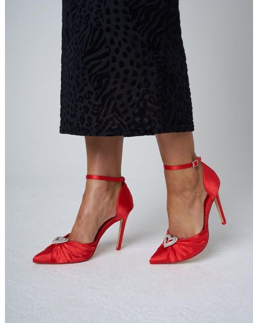 Public Desire Meant To Be Red Satin Diamante Heart Court Stiletto Heel