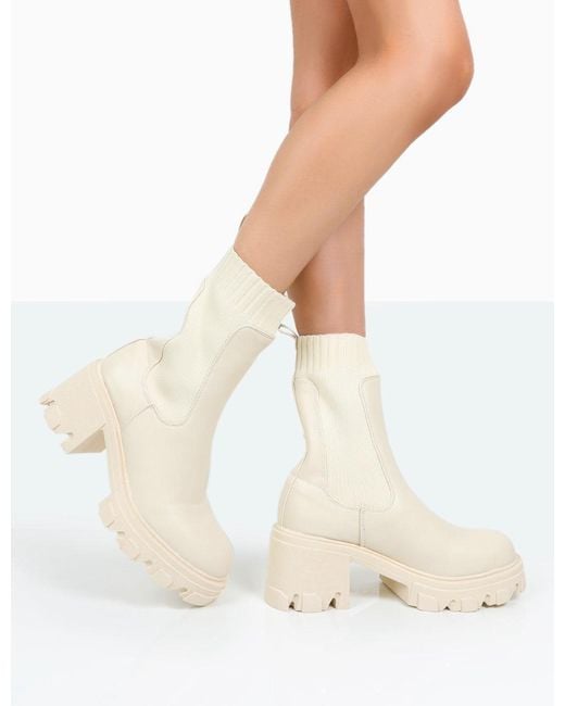 Public Desire White Everdeen Ecru Pu And Knit Chunky Heeled Platform Sock Ankle Boots