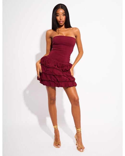 Public Desire Red Bandeau Balloon Mini Dress Burgundy