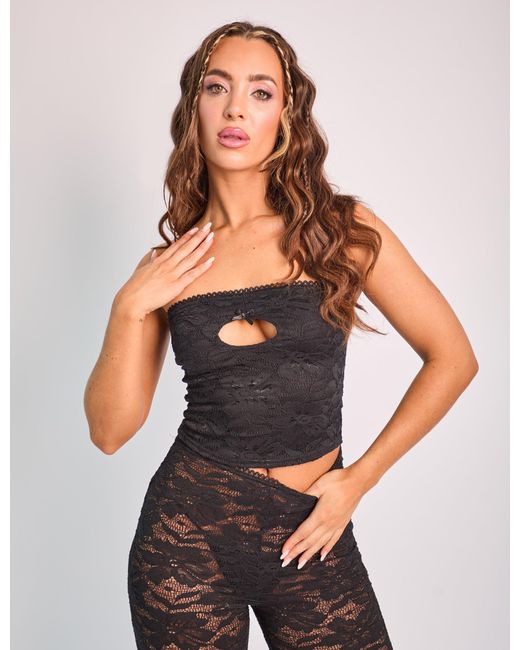 Public Desire Keyhole Bow Detail Lace Crop Top Black