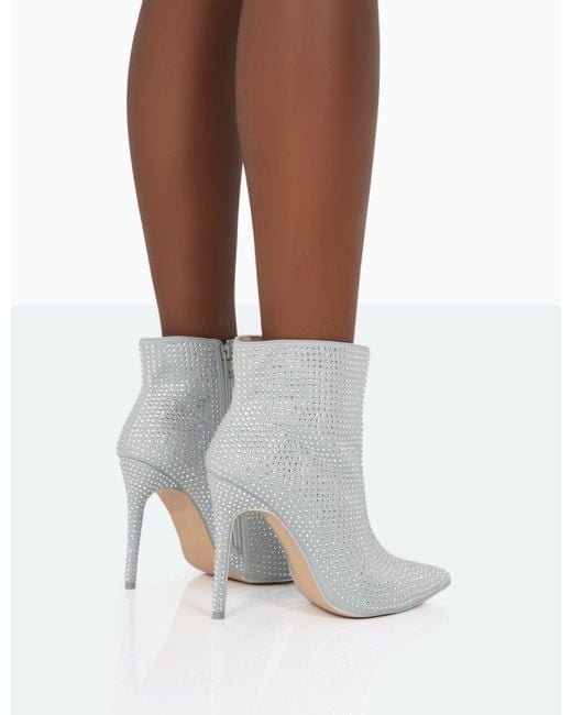 Public Desire White Verona Wide Fit Silver Sparkly Diamante Stiletto Ankle Boots