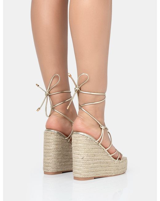 Public Desire Natural Islander Gold Lace Up Square Toe High Heeled Sandal Esparille Wedges