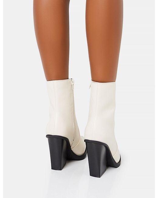 Public Desire Jessie White Pu Western Black Contrast Sole Block Heeled Ankle Boots