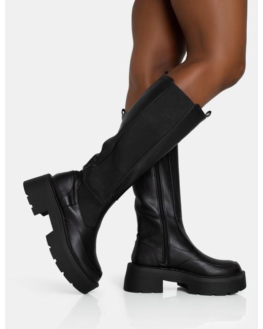 Public Desire Evergreen Black Knee High Elasticated Detail Chunky Heeled Sole Boots