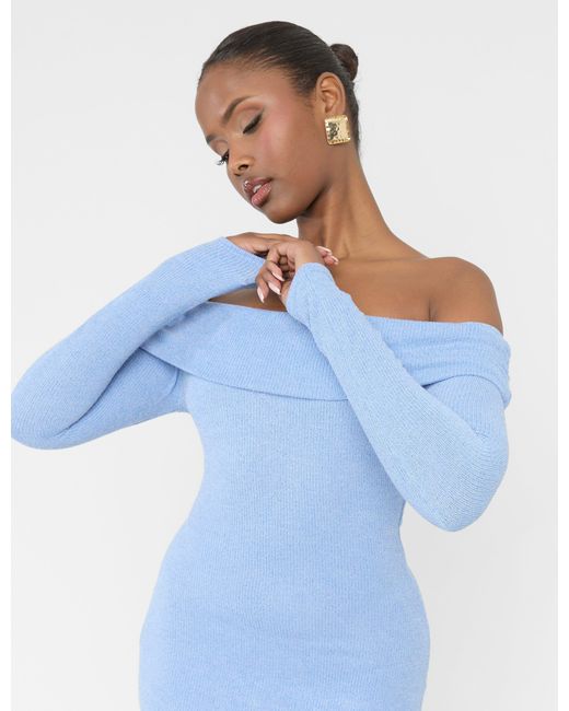Public Desire Long Sleeve Off The Shoulder Bardot Mini Dress Blue