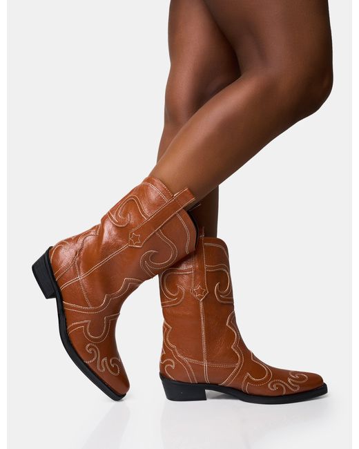 Public Desire Brown Folklore Tan Embroidered Flat Western Ankle Boots