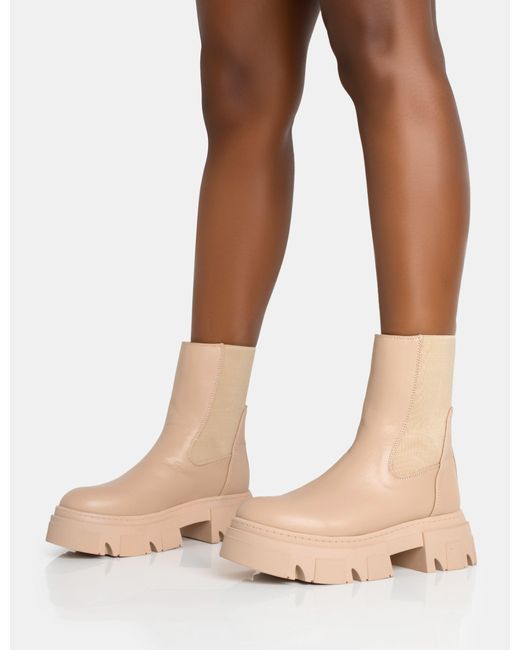 Public Desire Natural Edgy Taupe Pu Elasticated Ankle Rounded Chunky Sole Ankle Boots