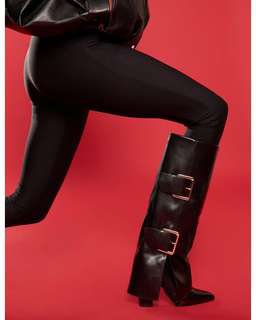 Public Desire River Black Double Buckle Detail Pu High Knee Boots