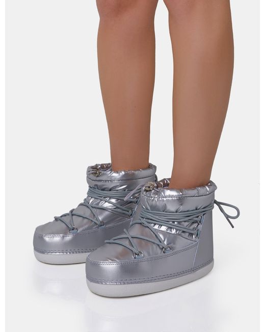 Public Desire Blue Zuri Silver Mirror Nylon Toggled Detailed Lace Up Chunky Snow Ankle Boots