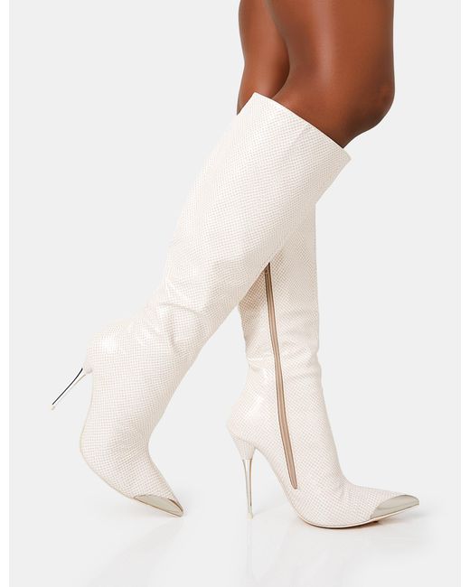 Public Desire White Finery Ecru Croc Metal Toe Capped Zip Up Knee High Stiletto Boots