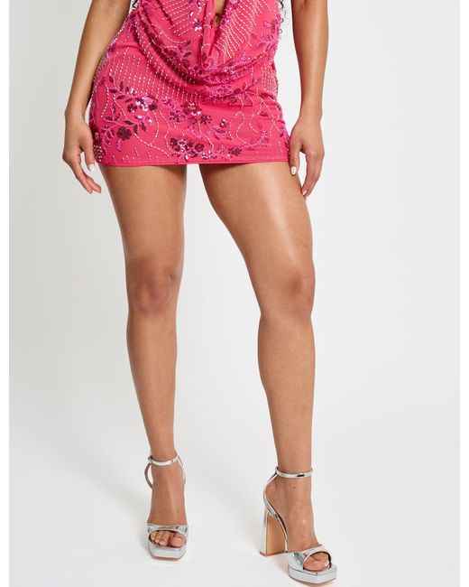 Public Desire Red Mid Rise Flower Embellished Skirt Sequin Pink