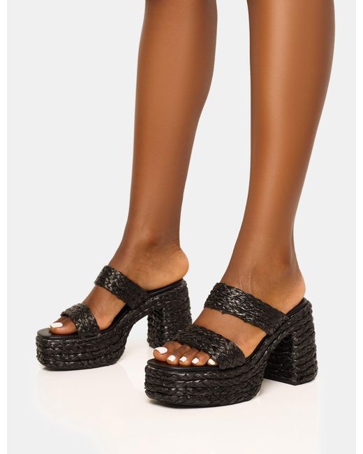 Public Desire Brown Cassidy Black Double Strap Jute Platform Block Heel