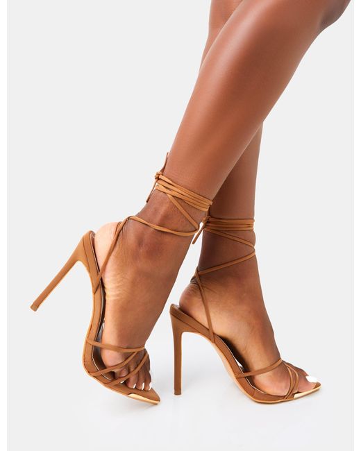 Public Desire Brown Isobel Tan Pu Lace Up Strappy Barely There Pointed Court High Heels