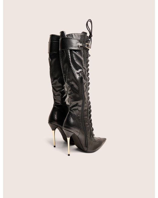 Public Desire White Infatuated Black Croc Lace Up Buckle Feature Stiletto Knee High Boots