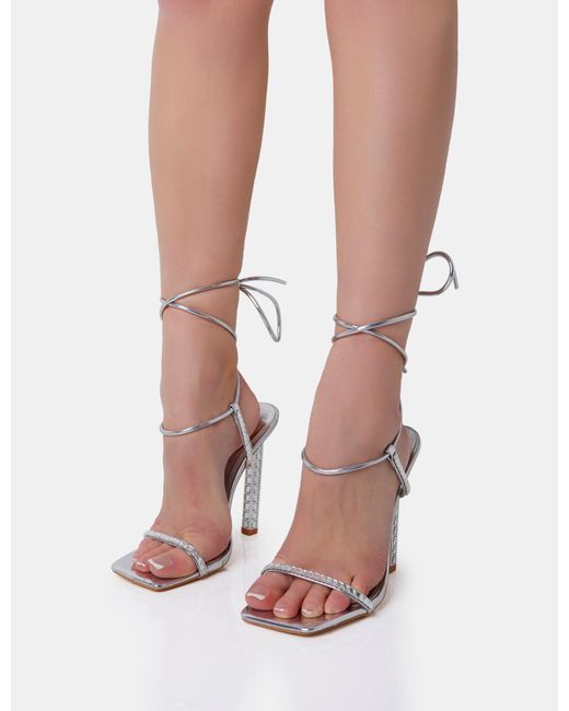 Public Desire Pink Babe Silver Mirror Pu Lace Up Strappy Square Toe Barley There Thin Block High Heels