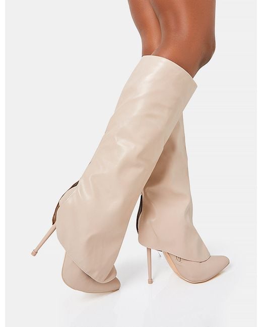 Public Desire Natural All Yours Nude Pu Fold Over Pointed Toe Stiletto Knee High Boots