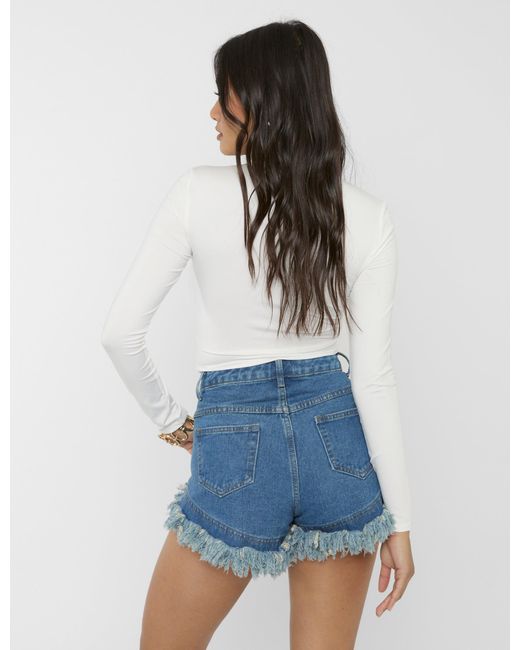 Public Desire High Waist Frayed Denim Shorts Light Blue