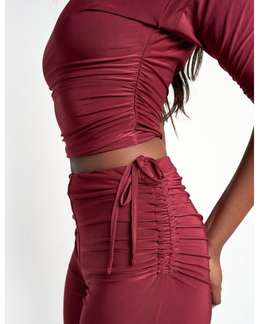 Public Desire Red Slinky Ruched Short Sleeve Top Co Ord Burgundy