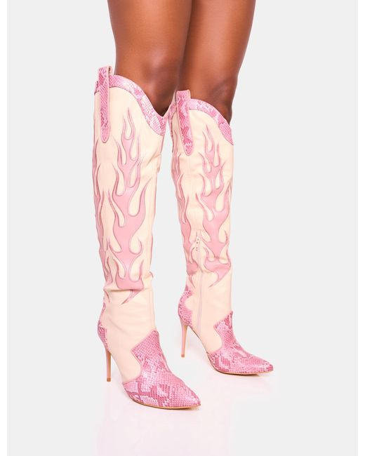 Public Desire Jacksonville Pink Flame Motif Western Stiletto Heeled Over The Knee Boot