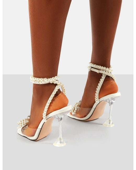 Public Desire Brown Glimmer White Wrap Around Pearl Detail Bow Square Toe Cake Stand Heels