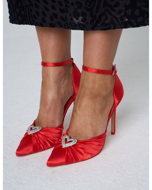 Public Desire Meant To Be Red Satin Diamante Heart Court Stiletto Heel