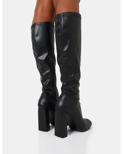 Public Desire Multicolor Christina Black Pu Pointed Toe Block Heel Knee High Boots