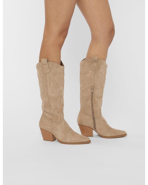 Public Desire White Uptown Girl Beige Suedette Western Cowboy Knee High Boots