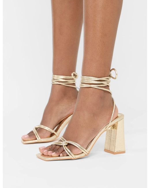 Public Desire Natural Schiffer Gold Cracked Pu Lace Up Block Heels