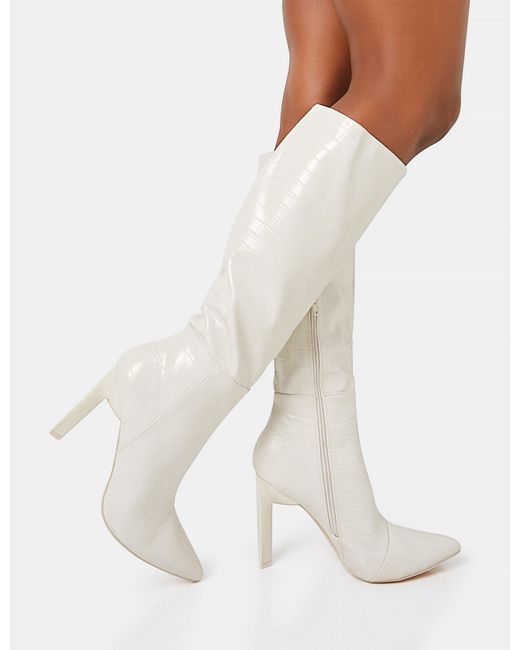 Public Desire White Unite Ecru Croc Pointed Toe Knee High Block Heeled Boots