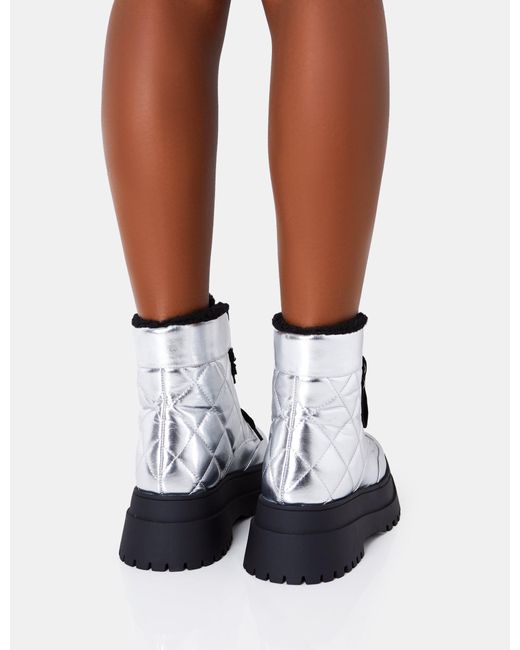Public Desire Magda Silver Crinkle Patent Quilted Faux Fur Lining