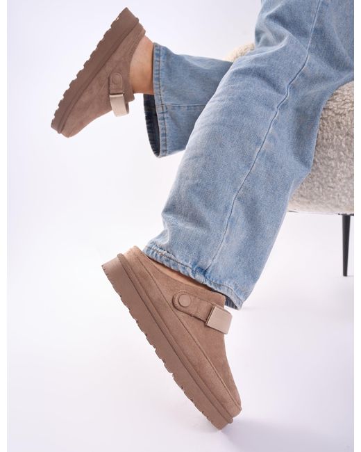 Public Desire Brown Goldie Beige Faux Fur Lined Mules