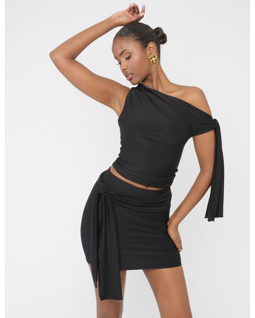 Public Desire Blue Knot Detail Asymmetric One Shoulder Luxe Slinky Top Black