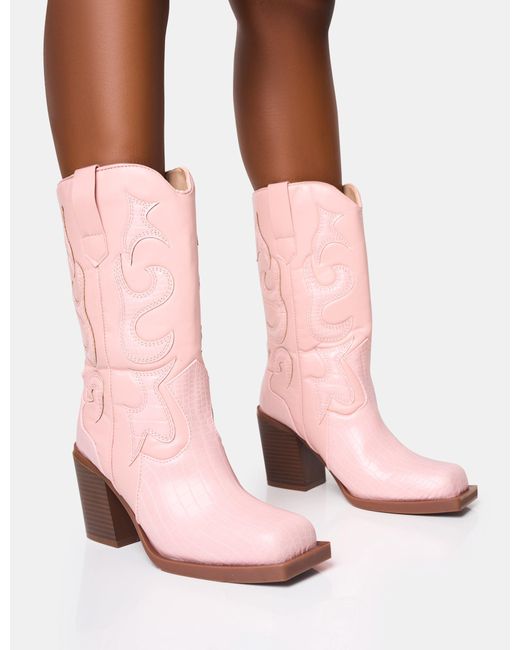 Public Desire Texas Pink Western Block Heel Ankle Boots