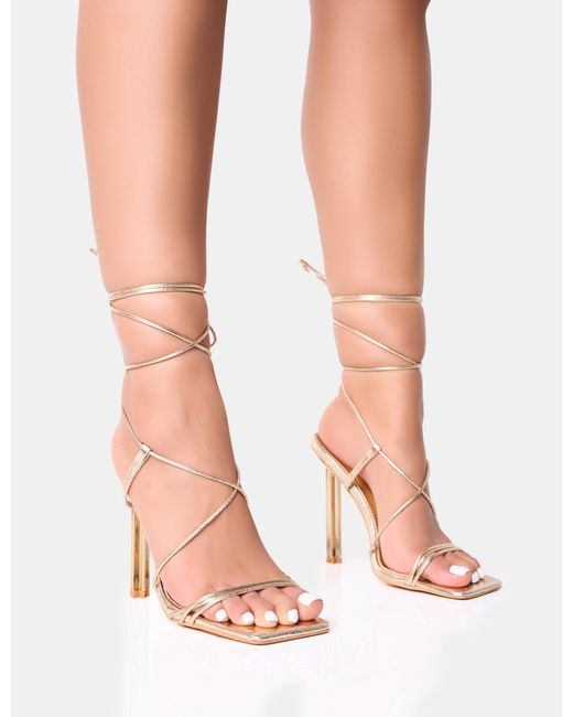 Public Desire Pink Seren Gold Strappy Square Toe Star Stiletto Heel